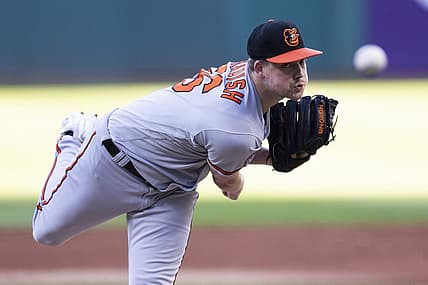 Sep 1, 2022; Cleveland, Ohio, USA; Baltimore Orioles starting pitcher Kyle Bradish (56) pitches to Cleveland Guardians left fielder Steven Kwan (38) during the first inning at Progressive Field. Mandatory Credit: Scott Galvin-USA TODAY Sports
