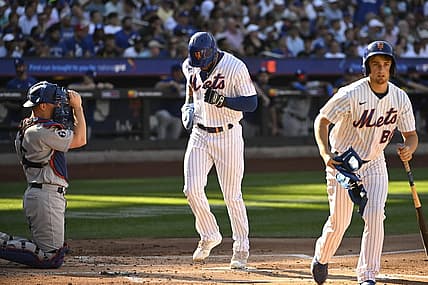 Sep 1, 2022; New York City, New York, USA; New York Mets right fielder Starling Marte (6) scores a run on a bases loaded walk against the Los Angeles Dodgers during the first inning at Citi Field. Mandatory Credit: Gregory Fisher-USA TODAY Sports