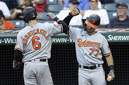 Sep 1, 2022; Cleveland, Ohio, USA; Baltimore Orioles left fielder Terrin Vavra (77) congratulates first baseman Ryan Mountcastle (6) for his solo home run during the fourth inning against the Cleveland Guardians at Progressive Field. Mandatory Credit: Scott Galvin-USA TODAY Sports