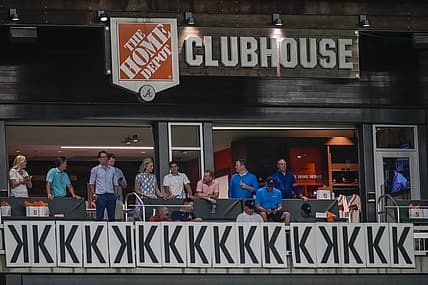 Sep 1, 2022; Cumberland, Georgia, USA; A view of the k   s on the Home Depot clubhouse after Atlanta Braves starting pitcher Spencer Strider (65) (not pictured) recorded his sixteenth strikeout against the Colorado Rockies during the eighth inning at Truist Park. Mandatory Credit: Dale Zanine-USA TODAY Sports