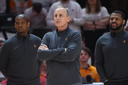 Tennessee head coach Rick Barnes listens as Tennessee forward John Fulkerson (10) speaks to the crowd during his senior day presentation before the final regular season game between Tennessee and Arkansas at Thompson-Boling Arena in Knoxville, Tenn., Saturday, March 5, 2022.

Utark0305 0207
