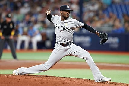 Sep 2, 2022; St. Petersburg, Florida, USA;  New York Yankees starting pitcher Domingo German (55) throws a pitch against the Tampa Bay Rays in the second inning at Tropicana Field. Mandatory Credit: Nathan Ray Seebeck-USA TODAY Sports