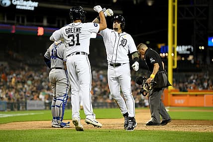 Sep 2, 2022; Detroit, Michigan, USA; Detroit Tigers shortstop Javier Baez (28) (right) celebrates with center fielder Riley Greene (31) after hitting a two-run home run against the Kansas City Royals in the fifth inning at Comerica Park. Mandatory Credit: Lon Horwedel-USA TODAY Sports