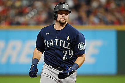 Sep 2, 2022; Cleveland, Ohio, USA; Seattle Mariners catcher Cal Raleigh (29) rounds the bases after hitting a home run during the sixth inning against the Cleveland Guardians at Progressive Field. Mandatory Credit: Ken Blaze-USA TODAY Sports