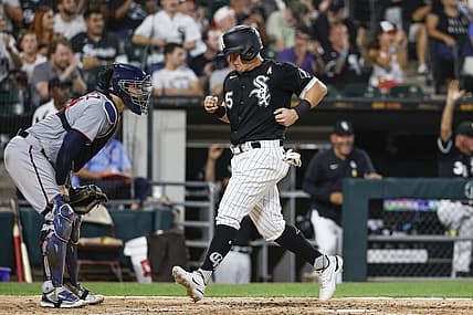 Sep 2, 2022; Chicago, Illinois, USA; Chicago White Sox left fielder Andrew Vaughn (25) scores against the Minnesota Twins during the fourth inning at Guaranteed Rate Field. Mandatory Credit: Kamil Krzaczynski-USA TODAY Sports
