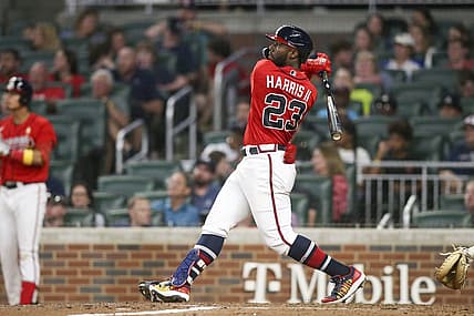 Sep 2, 2022; Atlanta, Georgia, USA; Atlanta Braves center fielder Michael Harris II (23) hits a two-run home run against the Miami Marlins in the sixth inning at Truist Park. Mandatory Credit: Brett Davis-USA TODAY Sports
