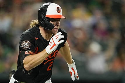 Sep 2, 2022; Baltimore, Maryland, USA; Baltimore Orioles second baseman Gunnar Henderson (2) runs after hitting against the Oakland Athletics during the seventh inning at Oriole Park at Camden Yards. Henderson got a double on the hit. Mandatory Credit: Brent Skeen-USA TODAY Sports