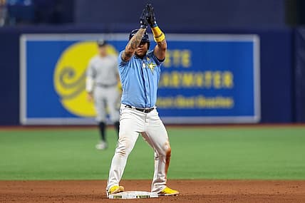 Sep 2, 2022; St. Petersburg, Florida, USA;  Tampa Bay Rays designated hitter Harold Ramirez (43) reacts after hitting a double against the New York Yankees in the eighth inning at Tropicana Field. Mandatory Credit: Nathan Ray Seebeck-USA TODAY Sports