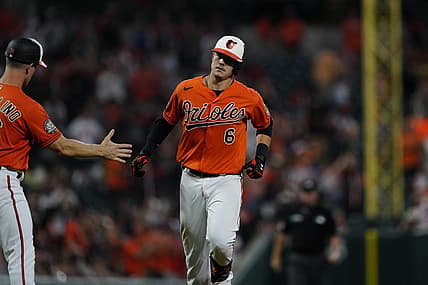 Sep 3, 2022; Baltimore, Maryland, USA; Baltimore Orioles first baseman Ryan Mountcastle (6) heads home after hitting a two-run home run against the Oakland Athletics during the first inning at Oriole Park at Camden Yards. Mandatory Credit: Brent Skeen-USA TODAY Sports