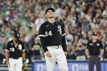 Sep 3, 2022; Chicago, Illinois, USA; Chicago White Sox starting pitcher Dylan Cease (84) reacts as he had no-hitter broken up after giving up a single to Minnesota Twins first baseman Luis Arraez (2) during the ninth inning at Guaranteed Rate Field. Mandatory Credit: Kamil Krzaczynski-USA TODAY Sports