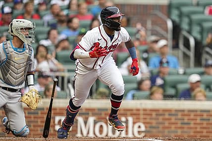 Sep 4, 2022; Cumberland, Georgia, USA; Atlanta Braves center fielder Michael Harris II (23) singles against the Miami Marlins during the second inning at Truist Park. Mandatory Credit: Dale Zanine-USA TODAY Sports