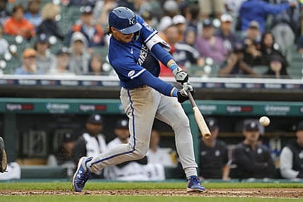 Sep 4, 2022; Detroit, Michigan, USA;  Kansas City Royals shortstop Bobby Witt Jr. (7) hits a single in the third inning against the Detroit Tigers at Comerica Park. Mandatory Credit: Rick Osentoski-USA TODAY Sports