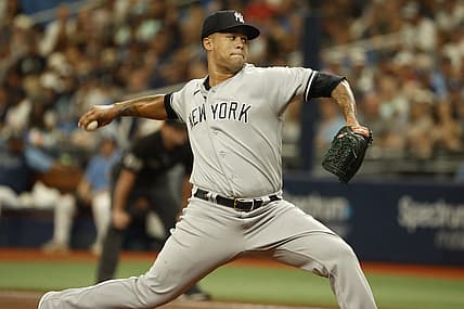 Sep 4, 2022; St. Petersburg, Florida, USA; New York Yankees starting pitcher Frankie Montas (47) throws a pitch during the first inning against the Tampa Bay Rays at Tropicana Field. Mandatory Credit: Kim Klement-USA TODAY Sports
