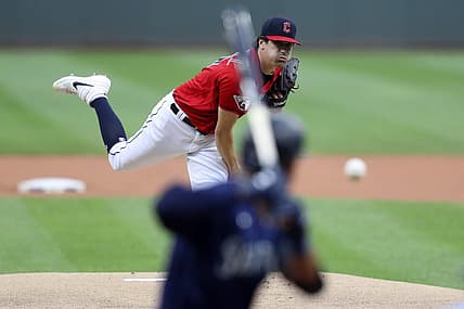 Sep 4, 2022; Cleveland, Ohio, USA;   Cleveland Guardians starting pitcher Cal Quantrill (47) pitches to Seattle Mariners center fielder Julio Rodriquez (44) during the first inning at Progressive Field. Mandatory Credit: Aaron Josefczyk-USA TODAY Sports