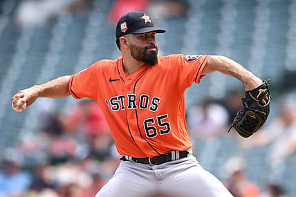 Sep 4, 2022; Anaheim, California, USA; Houston Astros starting pitcher Jose Urquidy (65) throws a pitch against the Los Angeles Angels during the first inning at Angel Stadium. Mandatory Credit: Orlando Ramirez-USA TODAY Sports