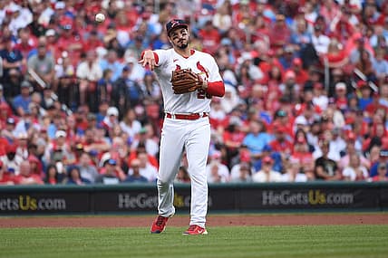 Sep 4, 2022; St. Louis, Missouri, USA; St. Louis Cardinals third baseman Nolan Arenado (28) throws to first base for an out against the Chicago Cubs in the second inning at Busch Stadium. Mandatory Credit: Joe Puetz-USA TODAY Sports