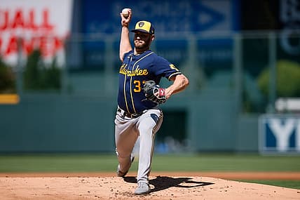 Sep 5, 2022; Denver, Colorado, USA; Milwaukee Brewers starting pitcher Adrian Houser (37) pitches in the first inning against the Colorado Rockies at Coors Field. Mandatory Credit: Isaiah J. Downing-USA TODAY Sports