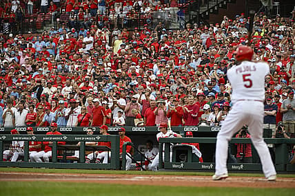 Sep 5, 2022; St. Louis, Missouri, USA;  St. Louis Cardinals first baseman Albert Pujols (5) bats against the Washington Nationals during the first inning at Busch Stadium. Mandatory Credit: Jeff Curry-USA TODAY Sports