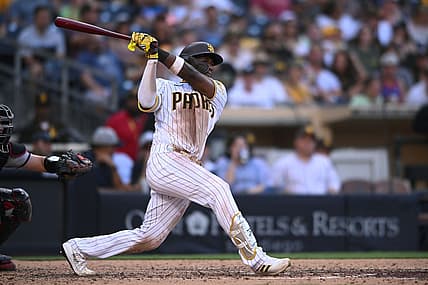 Sep 5, 2022; San Diego, California, USA; San Diego Padres left fielder Jurickson Profar (10) hits a double against the Arizona Diamondbacks during the sixth inning at Petco Park. Mandatory Credit: Orlando Ramirez-USA TODAY Sports