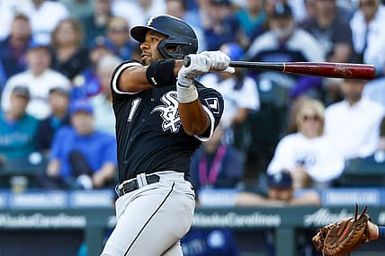Sep 5, 2022; Seattle, Washington, USA; Chicago White Sox shortstop Elvis Andrus (1) hits a double against the Seattle Mariners during the fifth inning at T-Mobile Park. Mandatory Credit: Joe Nicholson-USA TODAY Sports