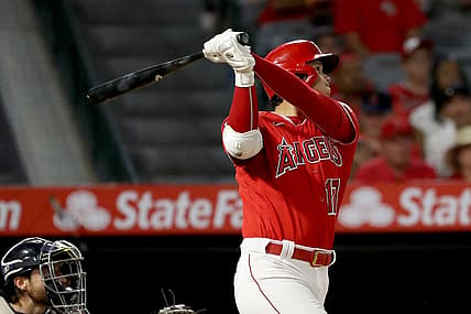 Sep 5, 2022; Anaheim, California, USA;  Los Angeles Angels designated hitter Shohei Ohtani (17) hits a home run during the seventh inning against the Detroit Tigers at Angel Stadium. Mandatory Credit: Kiyoshi Mio-USA TODAY Sports
