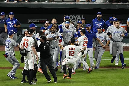 Sep 6, 2022; Baltimore, Maryland, USA; Players for both the Baltimore Orioles and Toronto Blue Jays clear their benches in an argument in the middle of the 7th inning at Oriole Park at Camden Yards. Mandatory Credit: Brent Skeen-USA TODAY Sports