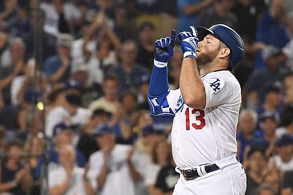 Sep 6, 2022; Los Angeles, California, USA; Los Angeles Dodgers third baseman Max Muncy (13) celebrates hitting a two-run home run against the San Francisco Giants at Dodger Stadium. Mandatory Credit: Richard Mackson-USA TODAY Sports
