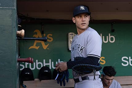 Aug 25, 2022; Oakland, California, USA;  New York Yankees first baseman Anthony Rizzo (48) looks out onto the field from the dugout before the start of the first inning against the Oakland Athletics at RingCentral Coliseum. Mandatory Credit: Stan Szeto-USA TODAY Sports