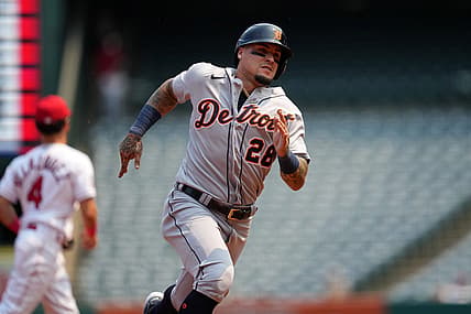Sep 7, 2022; Anaheim, California, USA; Detroit Tigers designated hitter Javier Baez (28) runs to third base in the first inning against the Los Angeles Angels at Angel Stadium. Mandatory Credit: Kirby Lee-USA TODAY Sports