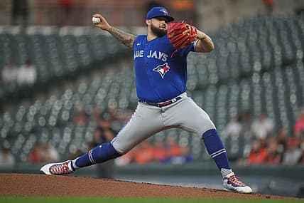 Sep 7, 2022; Baltimore, Maryland, USA; Toronto Blue Jays starting pitcher Alek Manoah (6) pitches against the Baltimore Orioles in the first inning at Oriole Park at Camden Yards. Mandatory Credit: Jessica Rapfogel-USA TODAY Sports