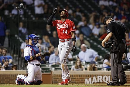 Sep 7, 2022; Chicago, Illinois, USA; Cincinnati Reds right fielder Aristides Aquino (44) crosses home plate after hitting a solo home run against the Chicago Cubs during the ninth inning at Wrigley Field. Mandatory Credit: Kamil Krzaczynski-USA TODAY Sports