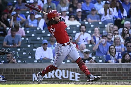 Sep 8, 2022; Chicago, Illinois, USA;  Cincinnati Reds second baseman Jonathan India (6) hits an RBI single against the Chicago Cubs during the ninth inning at Wrigley Field. Mandatory Credit: Matt Marton-USA TODAY Sports