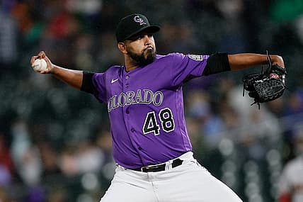 Sep 9, 2022; Denver, Colorado, USA; Colorado Rockies starting pitcher German Marquez (48) pitches in the third inning against the Arizona Diamondbacks at Coors Field. Mandatory Credit: Isaiah J. Downing-USA TODAY Sports