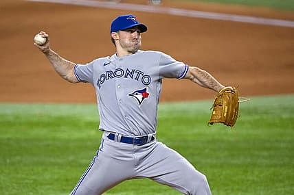 Sep 9, 2022; Arlington, Texas, USA; Toronto Blue Jays starting pitcher Ross Stripling (48) pitches against the Texas Rangers during the sixth inning at Globe Life Field. Mandatory Credit: Jerome Miron-USA TODAY Sports