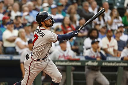Sep 9, 2022; Seattle, Washington, USA; Atlanta Braves shortstop Dansby Swanson (7) hits a two-run home run against the Seattle Mariners during the first inning at T-Mobile Park. Mandatory Credit: Joe Nicholson-USA TODAY Sports