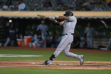 Sep 9, 2022; Oakland, California, USA; Chicago White Sox shortstop Elvis Andrus (1) reaches first base on an error by Oakland Athletics shortstop Nick Allen (2) during the fourth inning at RingCentral Coliseum. Mandatory Credit: Robert Edwards-USA TODAY Sports