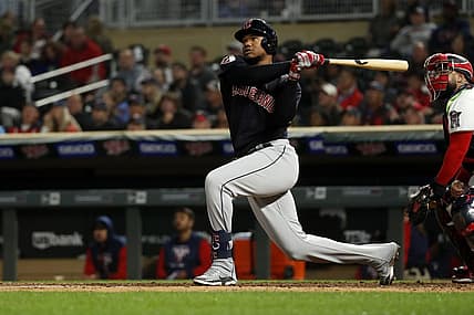 Sep 9, 2022; Minneapolis, Minnesota, USA;  Cleveland Guardians right fielder Oscar Gonzalez (39) hits a home run in the fifth against the Minnesota Twins at Target Field. Mandatory Credit: Bruce Kluckhohn-USA TODAY Sports