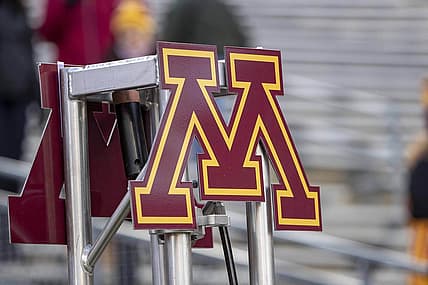 Nov 17, 2018; Minneapolis, MN, USA; A general view of the Minnesota Golden Gophers logo on before a game against the Northwestern Wildcats at TCF Bank Stadium. Mandatory Credit: Jesse Johnson-USA TODAY Sports