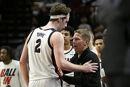 Mar 17, 2022; Portland, OR, USA; Gonzaga Bulldogs forward Drew Timme (2) and head coach Mark Few talk in the secnod half against the Georgia State Panthers during the first round of the 2022 NCAA Tournament at Moda Center. Mandatory Credit: Troy Wayrynen-USA TODAY Sports