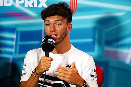 May 6, 2022; Miami Gardens, Florida, USA; AlphaTauri driver Pierre Gasly of France talks with the media during a press conference before their practice session for the Miami Grand Prix at Miami International Autodrome. Mandatory Credit: John David Mercer-USA TODAY Sports