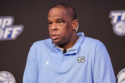 Oct 12, 2022; Charlotte, North Carolina, US; North Carolina Coach Hubert Davis during the ACC Tip Off media day in Charlotte, NC.  Mandatory Credit: Jim Dedmon-USA TODAY Sports