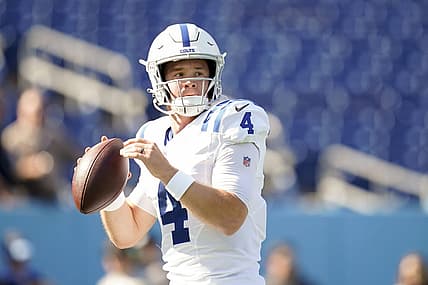 Oct 23, 2022; Nashville, Tennessee, USA; Indianapolis Colts quarterback Sam Ehlinger (4) warms up as the team gets ready to face the Tennessee Titans at Nissan Stadium Sunday, Oct. 23, 2022, in Nashville, Tenn.   Mandatory Credit: George Walker IV-USA TODAY Sports