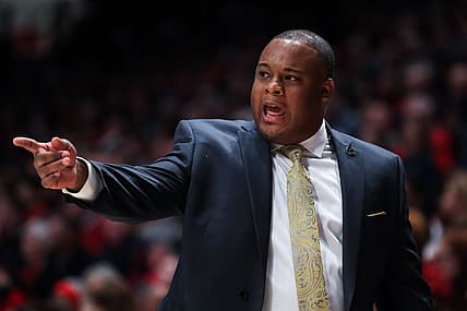 Dec 23, 2019; Dayton, Ohio, USA;  Grambling State Tigers head coach Donte' Jackson reacts from the bench against the Dayton Flyers in the first half at University of Dayton Arena. Mandatory Credit: Aaron Doster-USA TODAY Sports