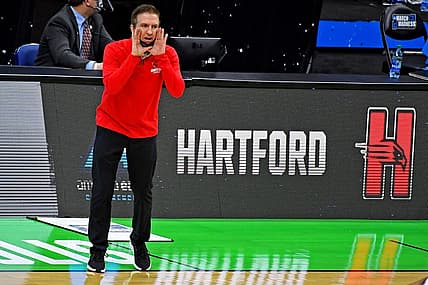 Mar 19, 2021; Indianapolis, Indiana, USA; Hartford Hawks head coach John Gallagher yells out during the first half against the Baylor Bears in the first round of the 2021 NCAA Tournament at Lucas Oil Stadium. Mandatory Credit: Christopher Hanewinckel-USA TODAY Sports