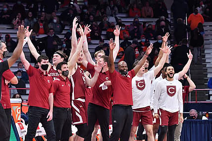 Nov 20, 2021; Syracuse, New York, USA; The Colgate Raiders bench reacts to a three point basket in the second half against the Syracuse Orange at the Carrier Dome. Mandatory Credit: Mark Konezny-USA TODAY Sports