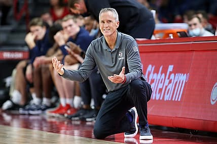 Nov 28, 2021; Fayetteville, Arkansas, USA; Pennsylvania Quakers head coach Steve Donahue reacts to a call during the game against the Arkansas Razorbacks at Bud Walton Arena. Arkansas won 76-60. Mandatory Credit: Nelson Chenault-USA TODAY Sports