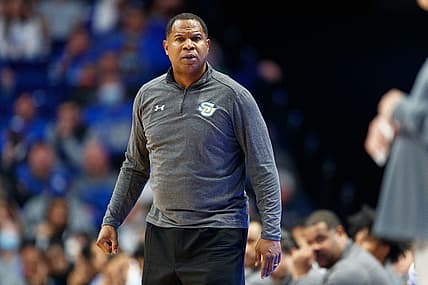 Dec 7, 2021; Lexington, Kentucky, USA; Southern University Jaguars head coach Sean Woods stares down the court during the second half against the Kentucky Wildcats at Rupp Arena at Central Bank Center. Mandatory Credit: Jordan Prather-USA TODAY Sports