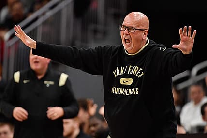 Dec 29, 2021; Louisville, Kentucky, USA;  Wake Forest Demon Deacons head coach Steve Forbes reacts during the second half against the Louisville Cardinals at KFC Yum! Center. Louisville defeated Wake Forest 73-69. Mandatory Credit: Jamie Rhodes-USA TODAY Sports