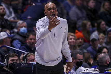 Feb 5, 2022; Cincinnati, Ohio, USA; DePaul Blue Demons head coach Tony Stubblefield yells instructions during the second half in the game against the Xavier Musketeers at Cintas Center. Mandatory Credit: Katie Stratman-USA TODAY Sports