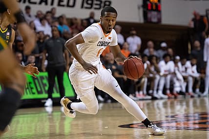 Feb 21, 2022; Stillwater, Oklahoma, USA; Oklahoma State Cowboys guard Bryce Thompson (1) dribbles against the Baylor Bears during the first half at Gallagher-Iba Arena. Mandatory Credit: Rob Ferguson-USA TODAY Sports